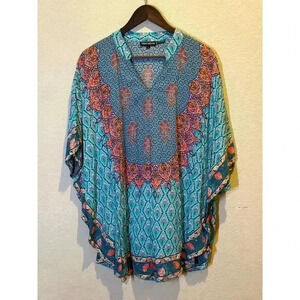 Tolani‎ Womens L Geometric Print Tunic Top Turquoise Boho Artsy Kimono Pullover